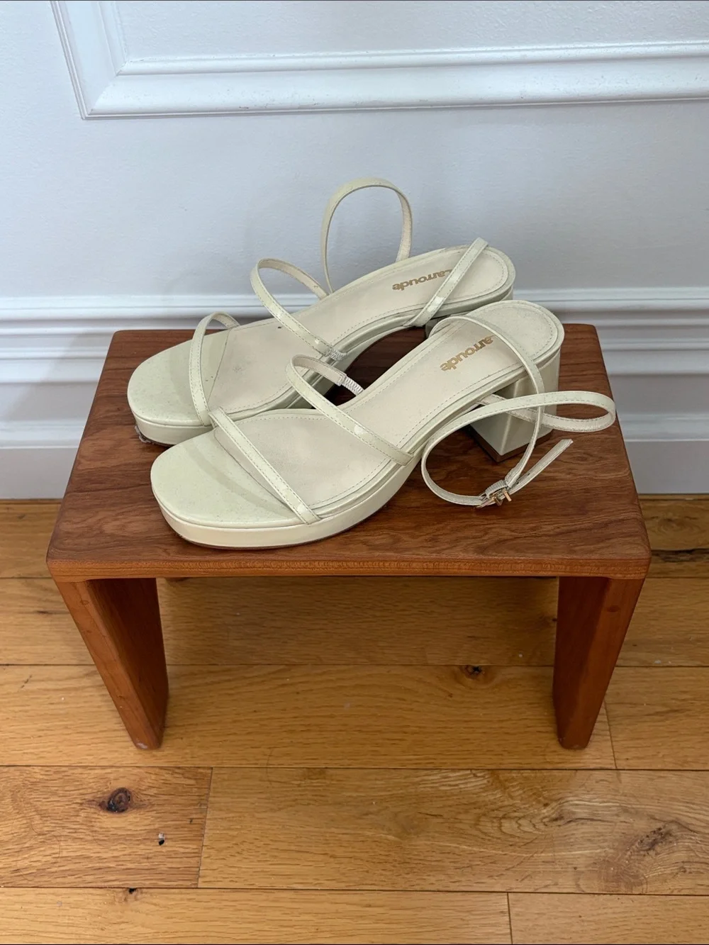 Larroude Cream Strappy Block Heel Sandals